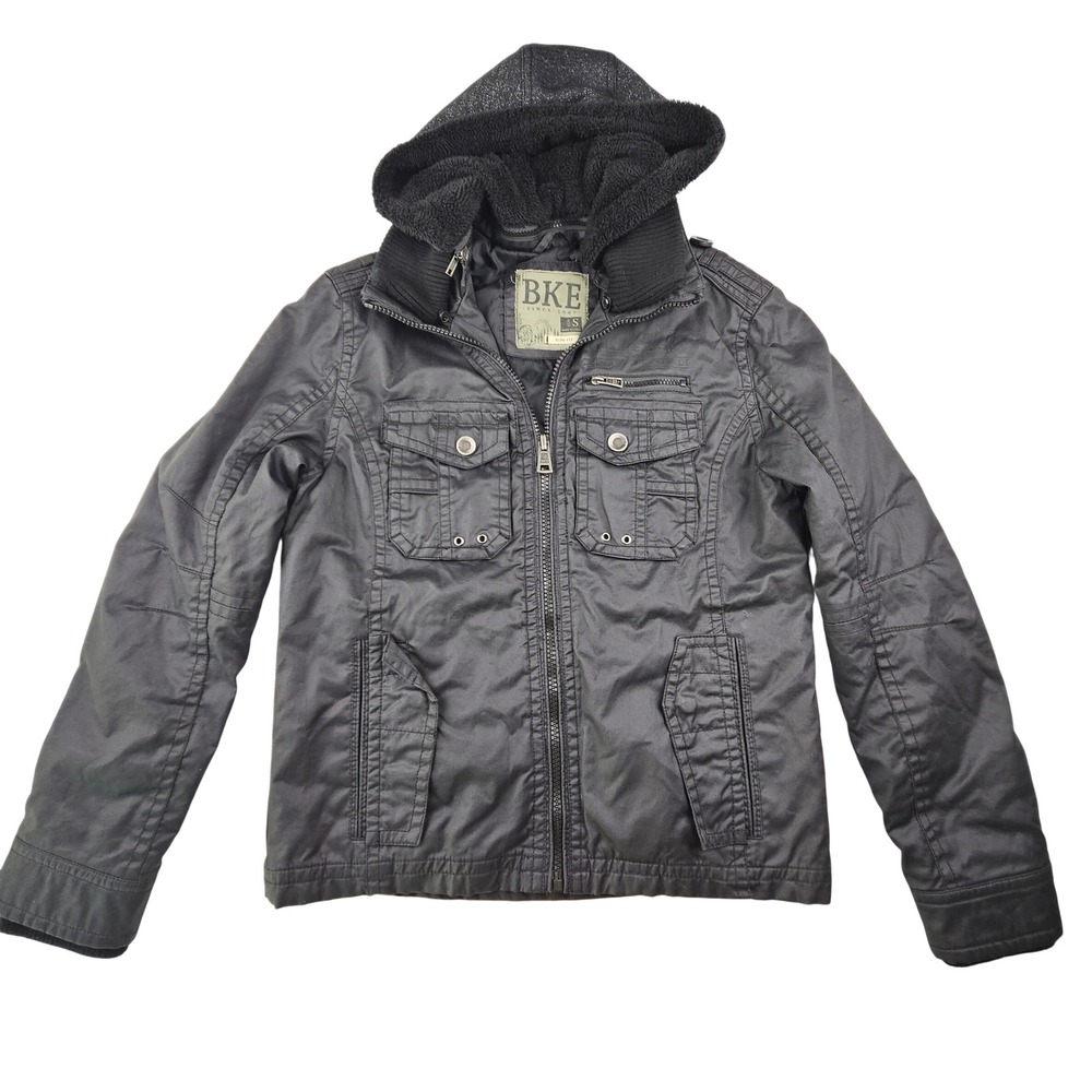 BKE Mens Slim Fit Utility Jacket Black Coated Cotton Detachable Hood Small 45836